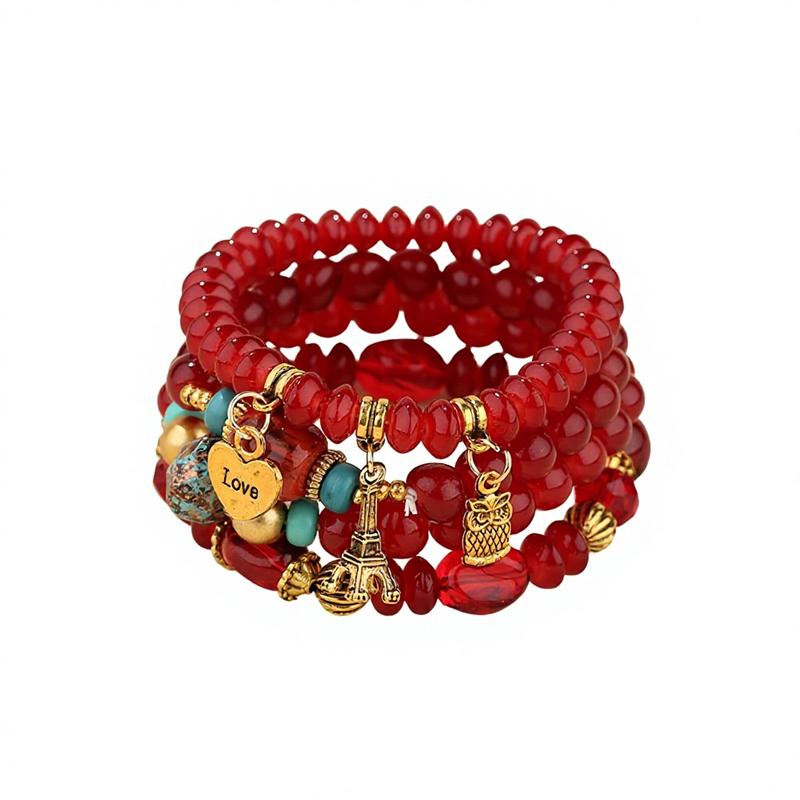Women's Bohemian Beaded Heart-Shaped Iron Tower Owl Bracelet