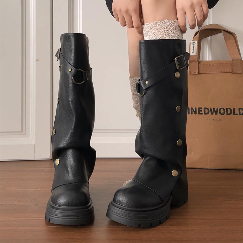 Retro British style belt buckle long tube stacking boots women's autumn new versatile soft bottom temperament thin boots