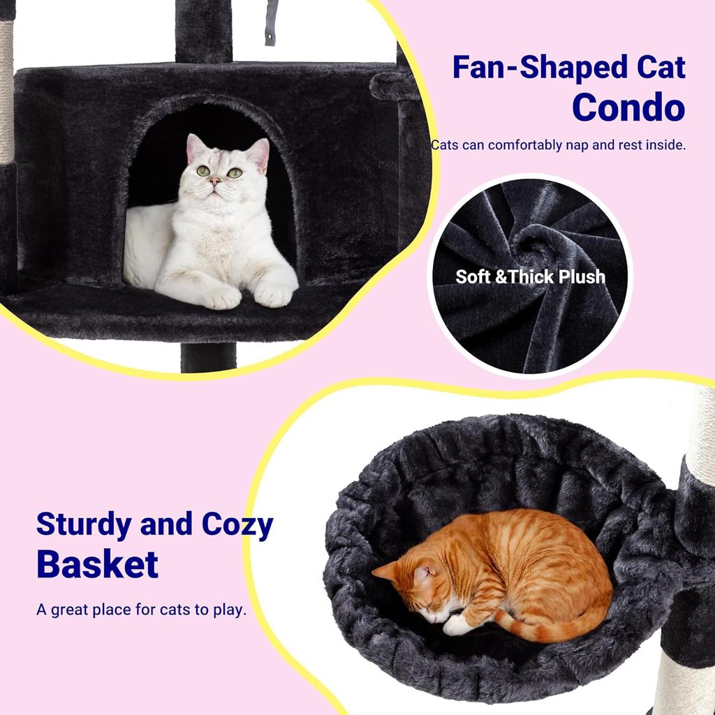 73-дюймовая угловая кошачья башня веерной формы - многоуровневое дерево для кошек для дома с когтеточками, лежанками и уютными корзинами, темно-серая