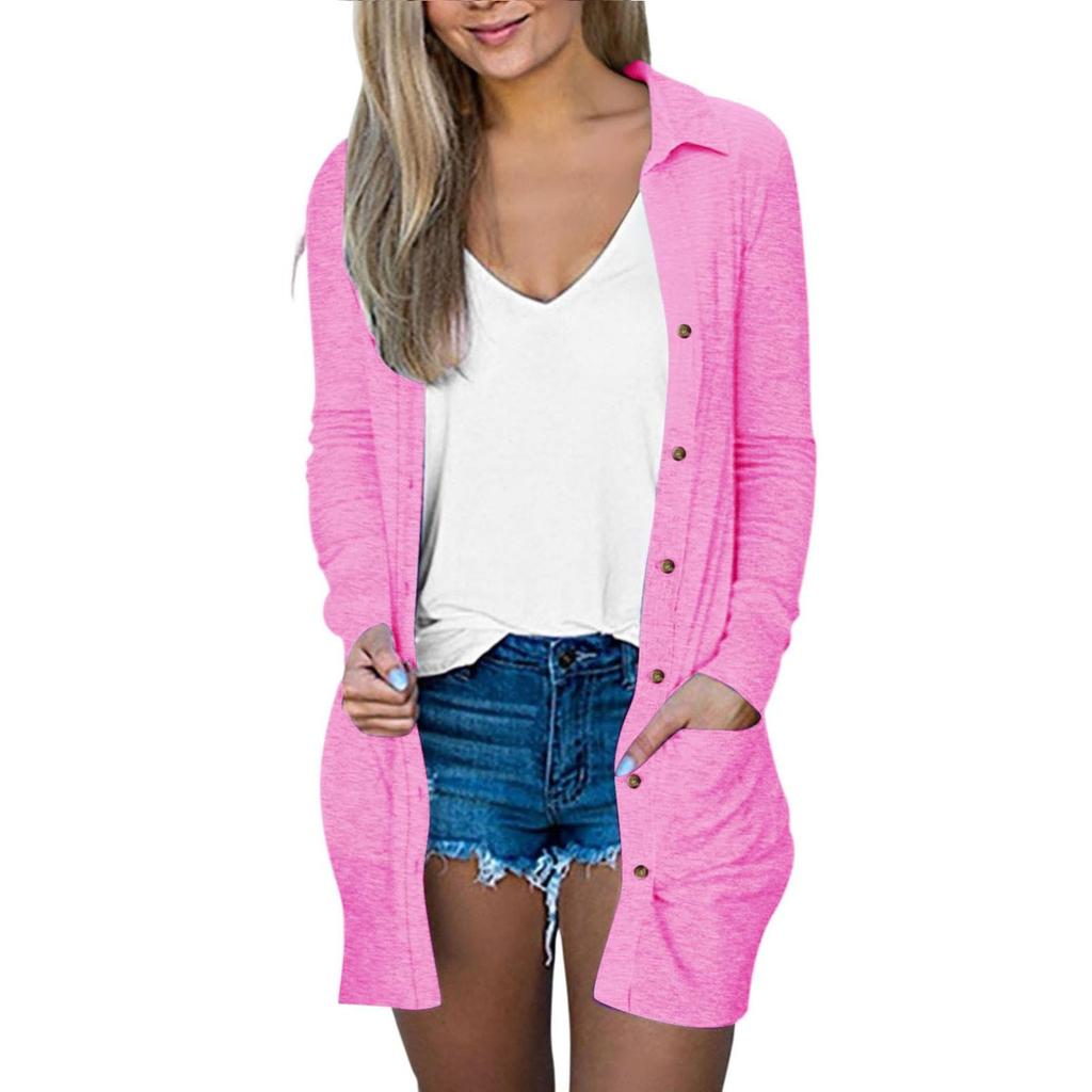 Women's Fashion Cardigan Lightweight Long Sleeve Button Loose With Pocket Solid Color Jacket