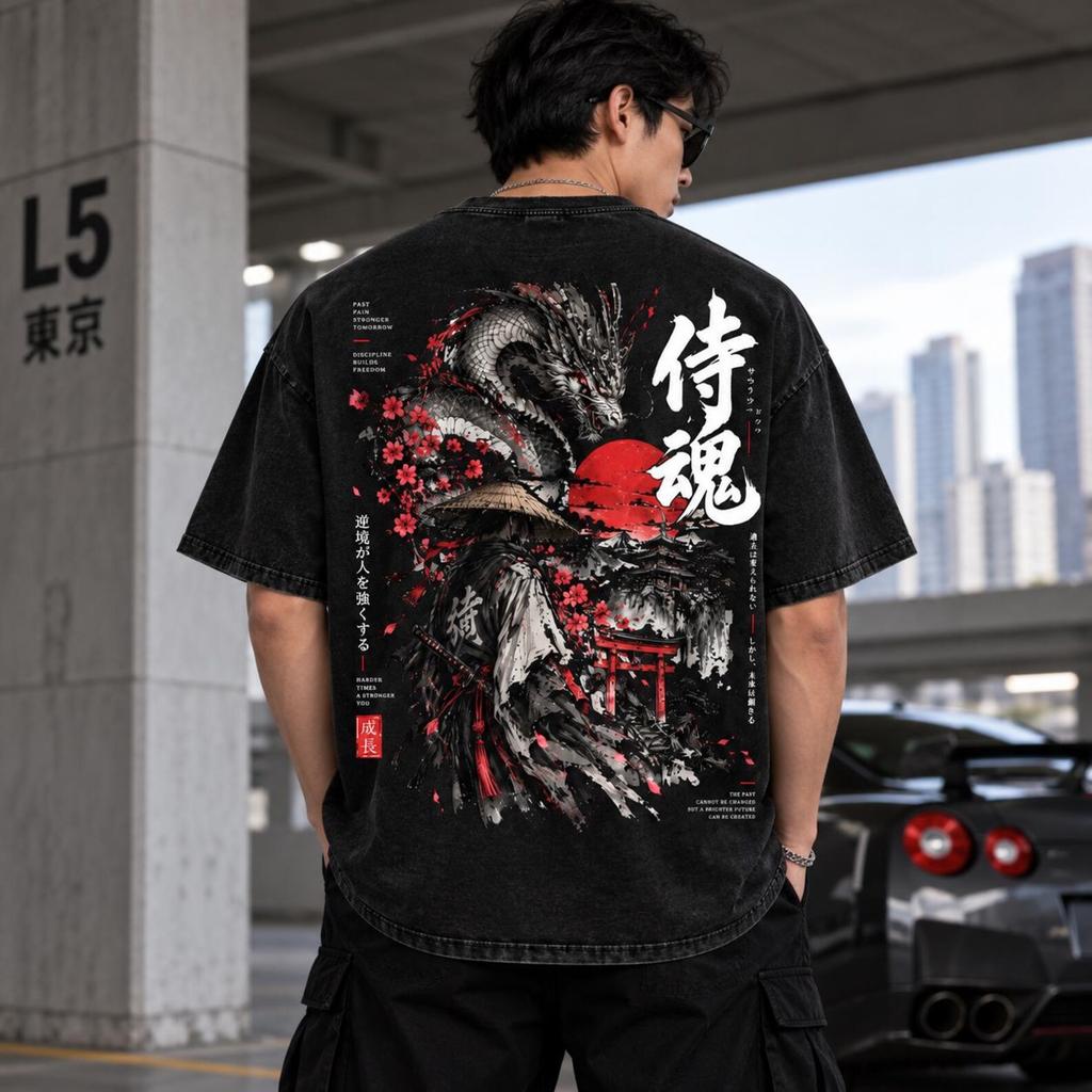 Japanese Samurai Shirt, Dragon Graphic Tee, Oversized Mineral Wash Streetwear T-Shirt
