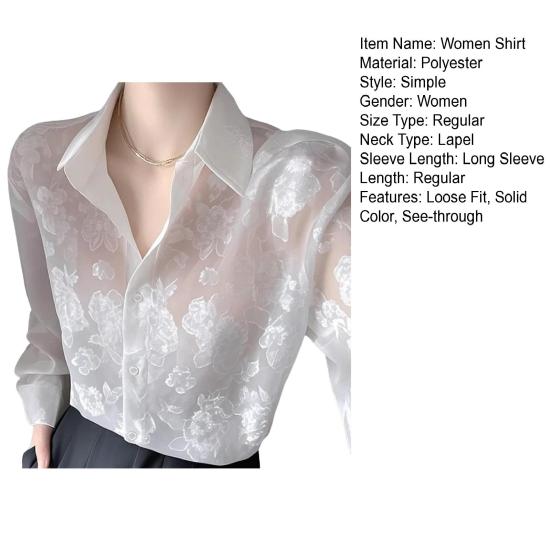 Women Shirt Lapel Long Sleeve See-through Flower Pattern Shirt Tops Single Breasted Thin Sun Protection Casual Shirt
