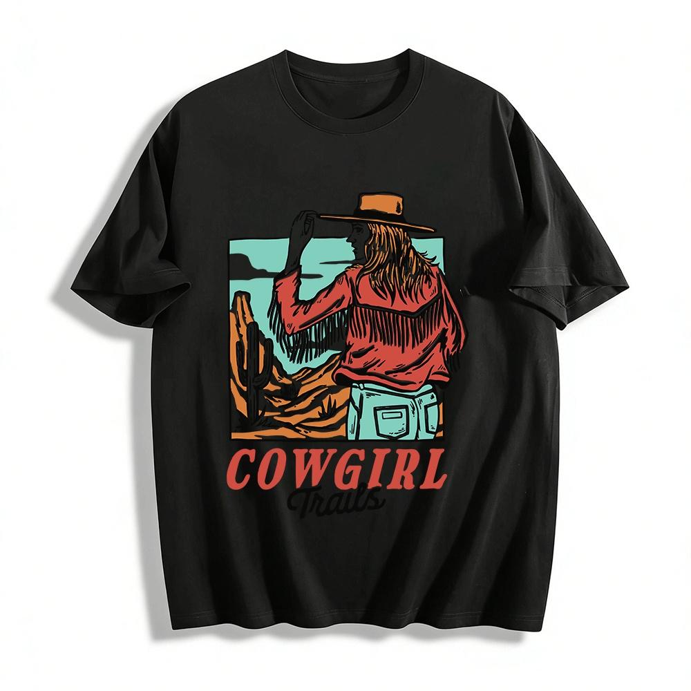 Cowgirl Trails Printed Top Vintage Desert Cowgirl Casual T-Shirt Pure cotton T-shirt