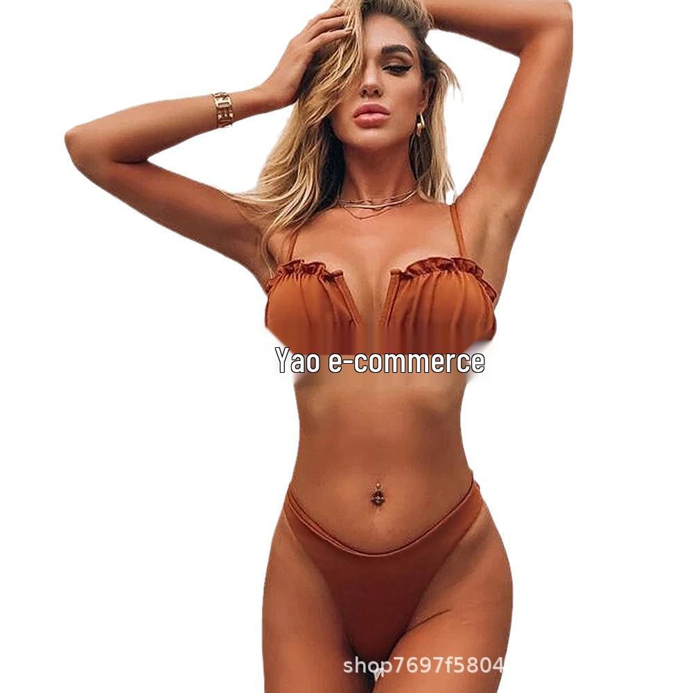 2024 Европейский и американский женский многоцветный купальник-бикини из двух частей с драпировкой - Сексуальное бикини без спинки