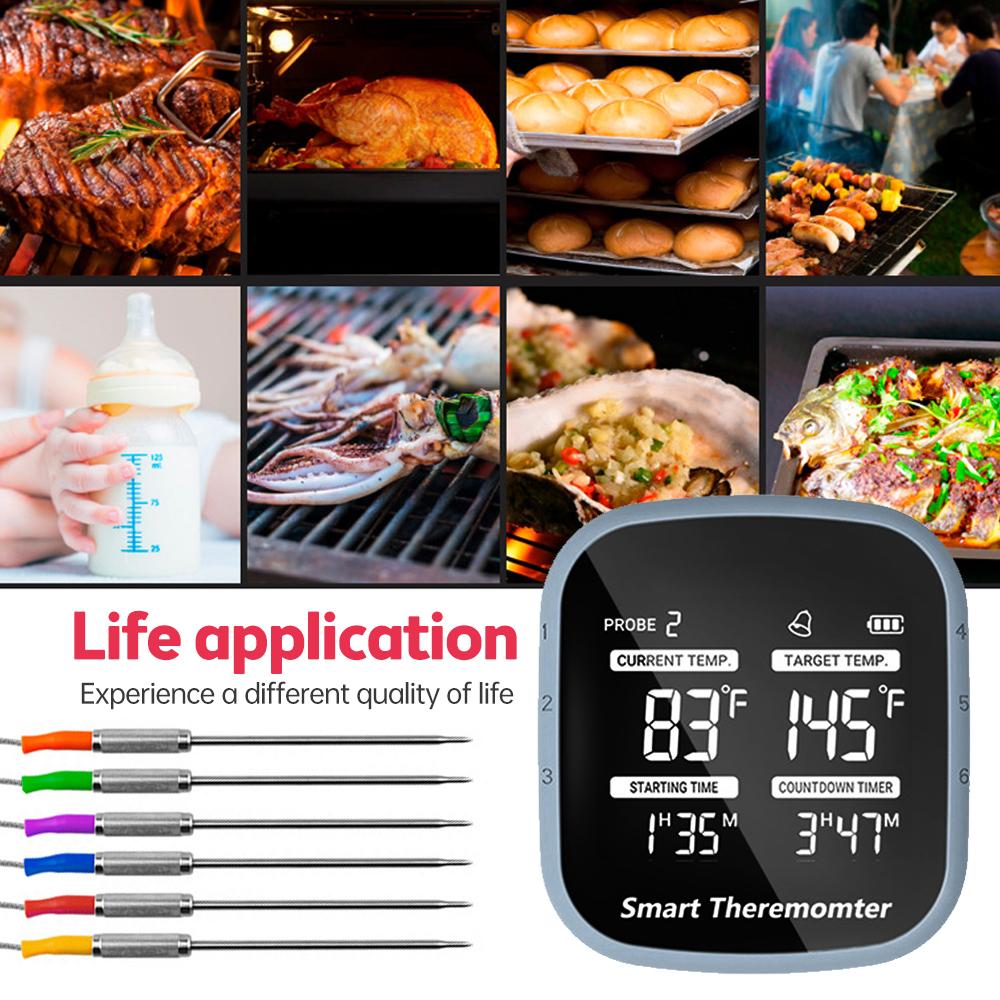 Беспроводной термометр для мяса, ЖК-цифровой термометр для гриля с сигнализацией, 6 магнитных зондов, 164 фута BT