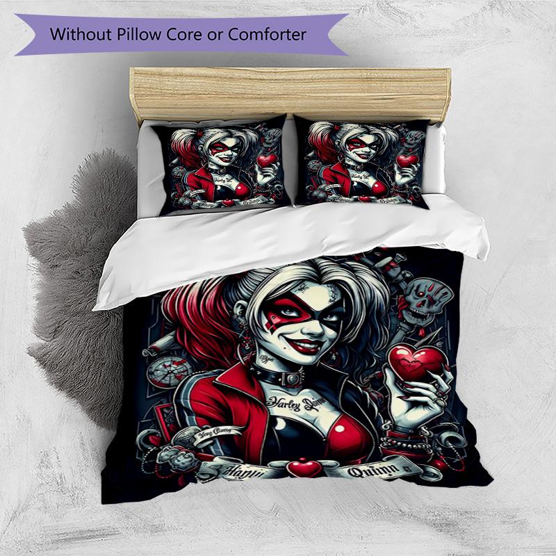 3pcs Duvet Cover Set (1*Duvet Cover + 2*Pillowcase, Without Core), Harley Quinn Joker Print Bedding Set, Bedroom Decor, All‑Season, Birthday Gift