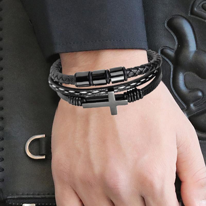 MingAo New Custom Engraved Family Name Beads Cross Bracelets Black Braided Leather Stainless Steel Bracelets for Men Fathers
