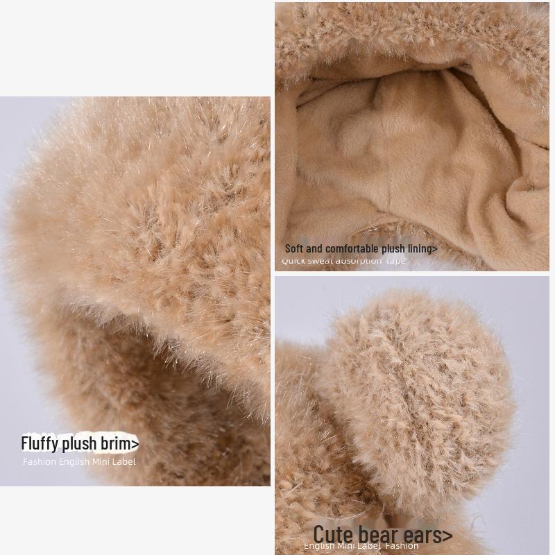 Женская вязаная шапка с милым медведем: Ветрозащитный, плюшевый, защищающий уши дизайн Lei Feng для осени и зимы.