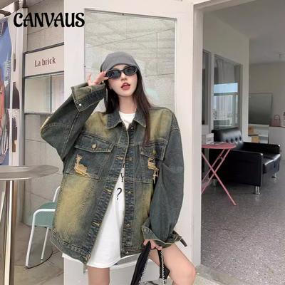 Джинсовая куртка в стиле ретро Broken Holes, женская, весна-осень, свободный топ с длинными рукавами Tide