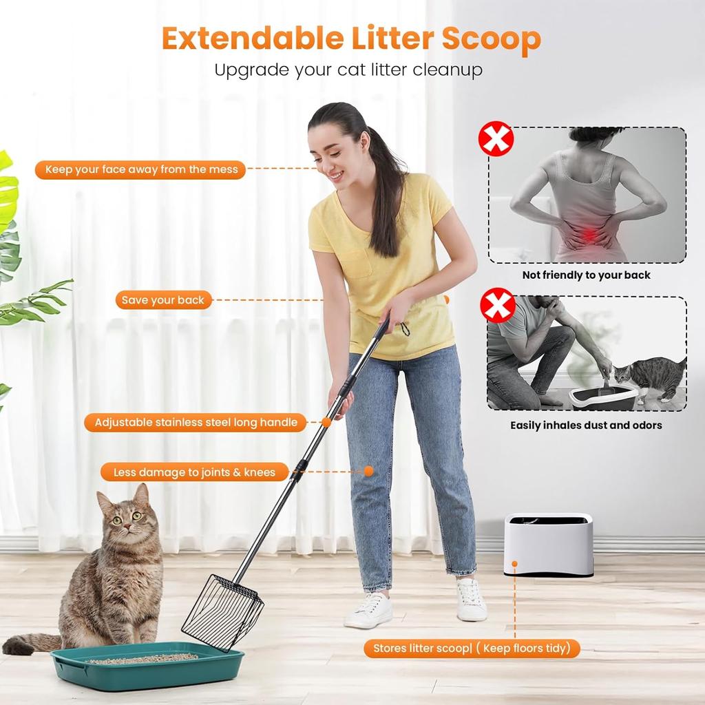 Cat Litter Scoop 43 inch Metal Litter Scooper with Stainless Steel Long Handle, Upgraded Large Kitty Box Scooper Heavy Duty Deep Shovel for Fast