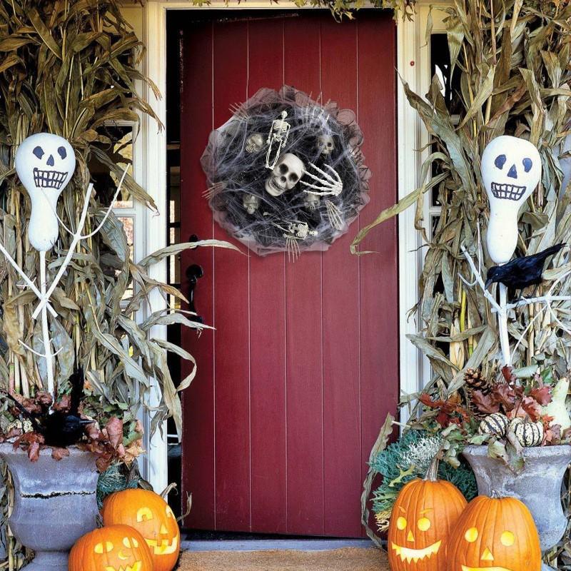 Halloween Spider Web Decor With 3D Skull Ghost Hanging Ornament Outdoor Party Yard Decoration