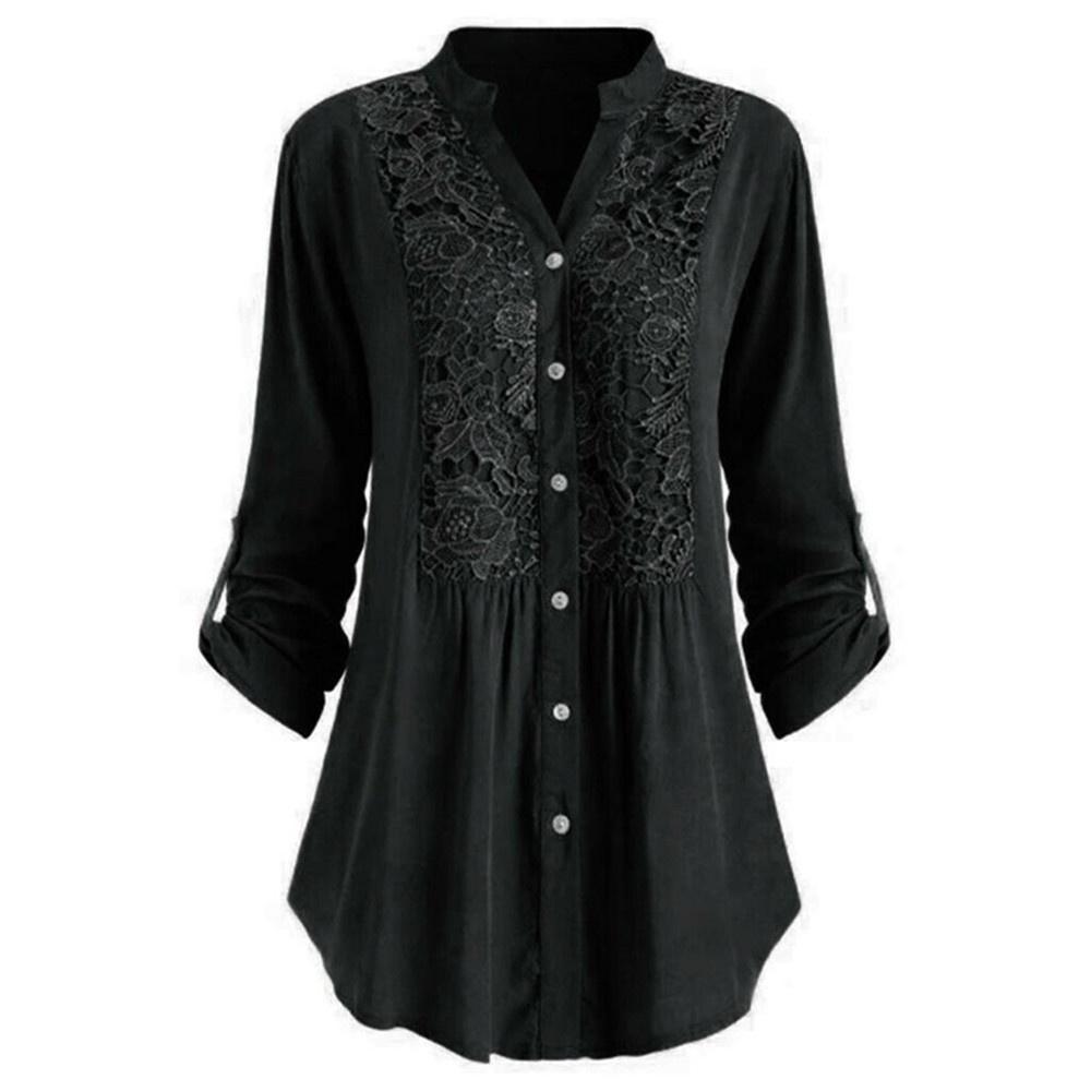 Women Solid Color Lace Splicing Single Breasted Shirt Casual Stand Collar Long Sleeves Plus Size T-Shirt Loose Cotton Blouse