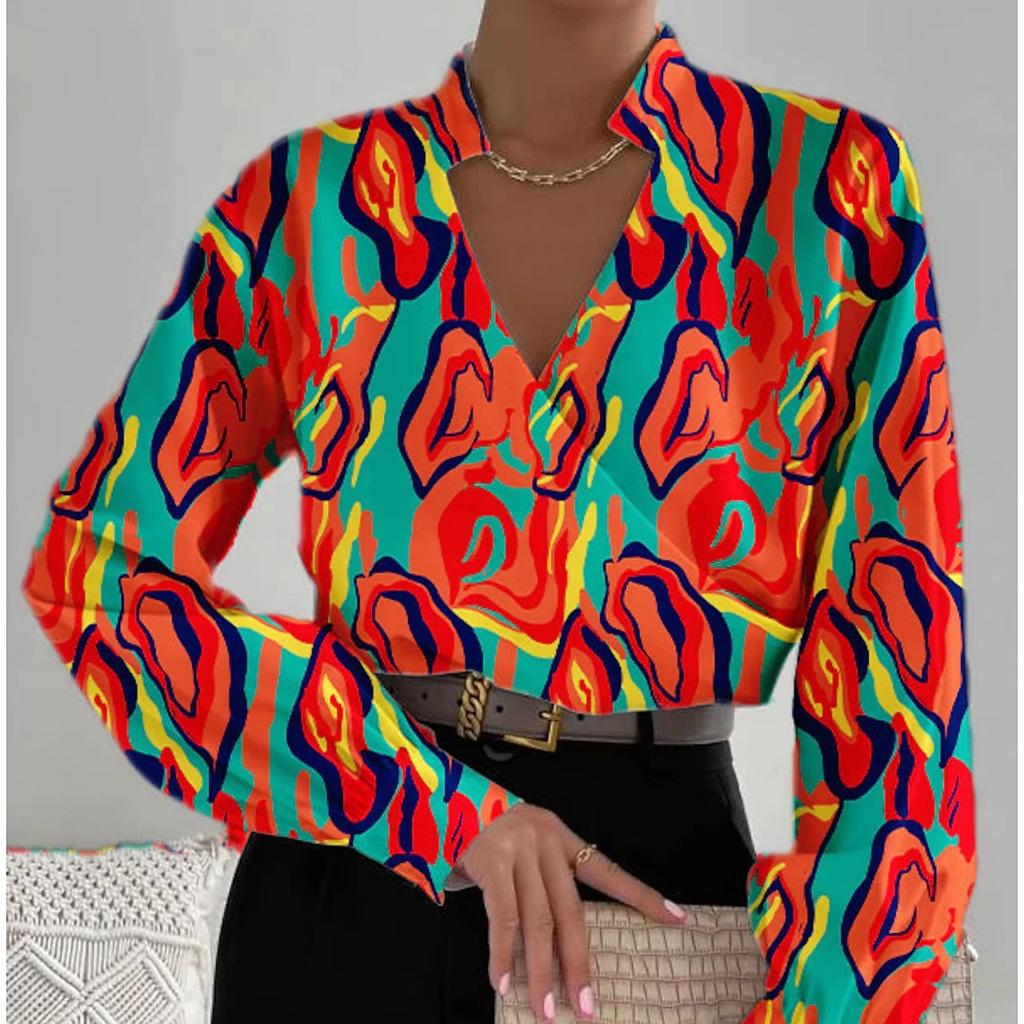 YYFS Женские модные повседневные весенне-осенние блузки и рубашки с v-образным вырезом и длинным рукавом с цветочным узором и принтом