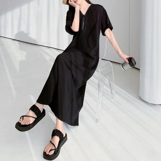 Женское летнее платье-футболка с коротким рукавом, полумолнией, V-образным вырезом, макси-платье, повседневный длинный сарафан с карманами для пляжного отдыха