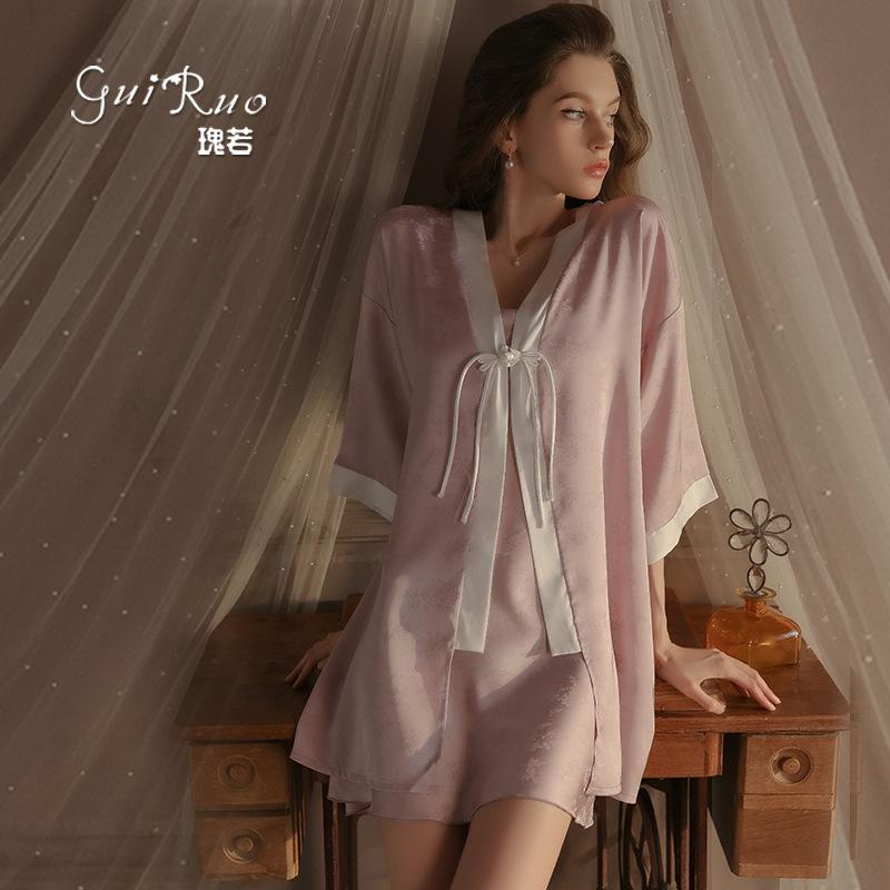 Women's Plus Size Satin Jacquard Cami Sleep Dress with Robe Lounge Set