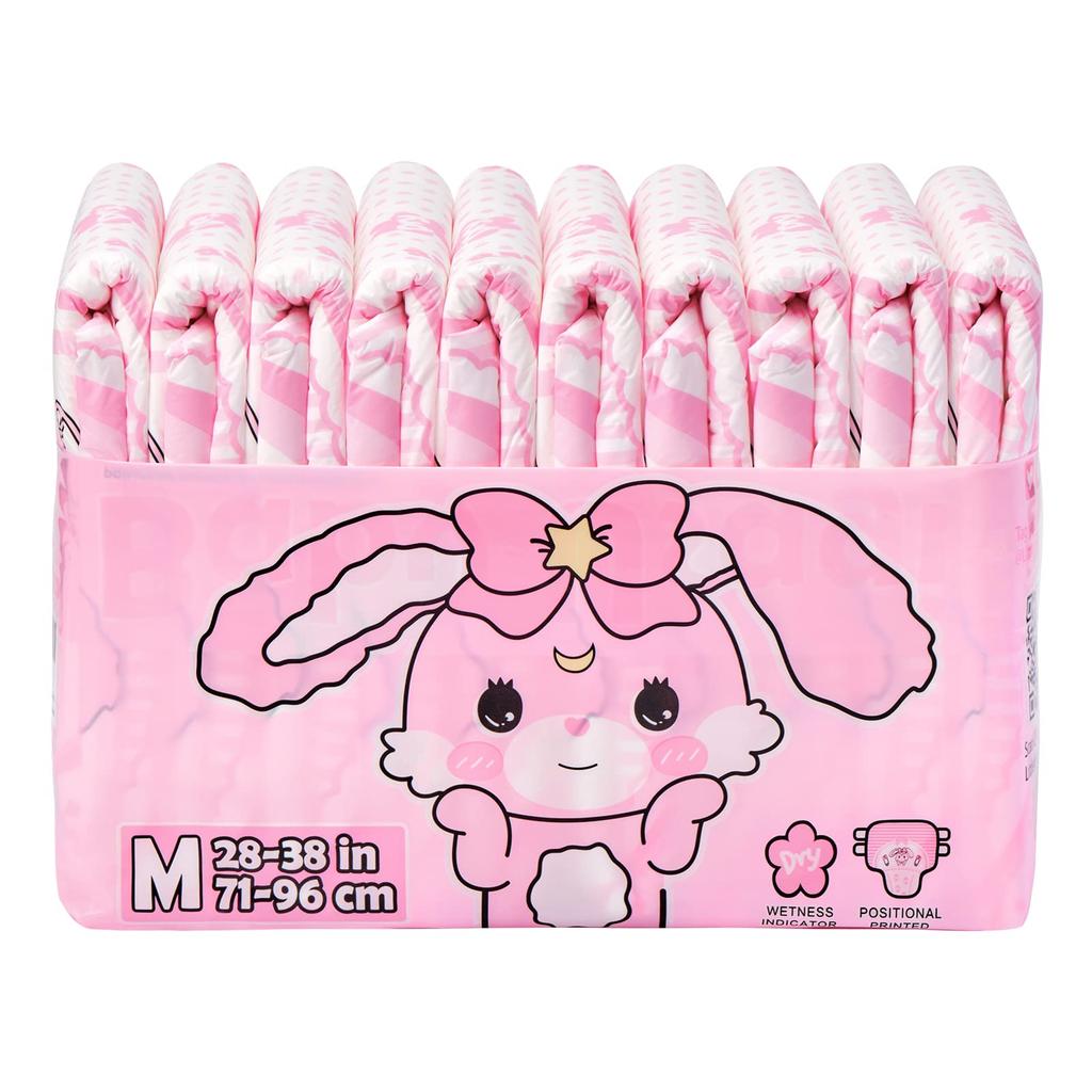 LittleForBig Взрослые подгузники-трусы, Милый дизайн с детским кроликом, Принт с исчезающими цветами, Розовый, 10 штук, Средний