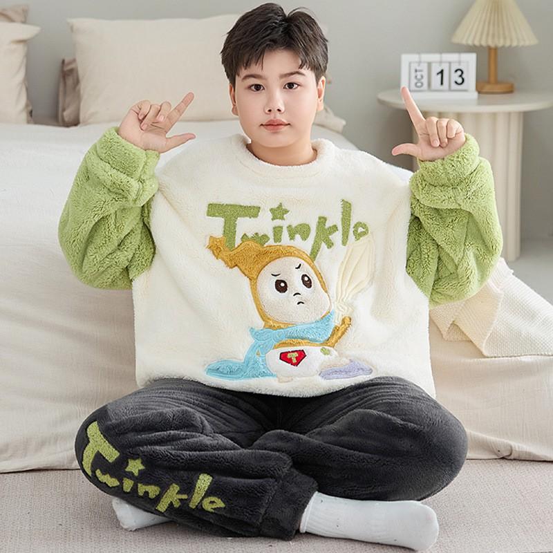 Boys Plus Size Coral Fleece Pajama Set Warm Winter Sleepwear Kids Ages 8 With Cartoon Animal Print