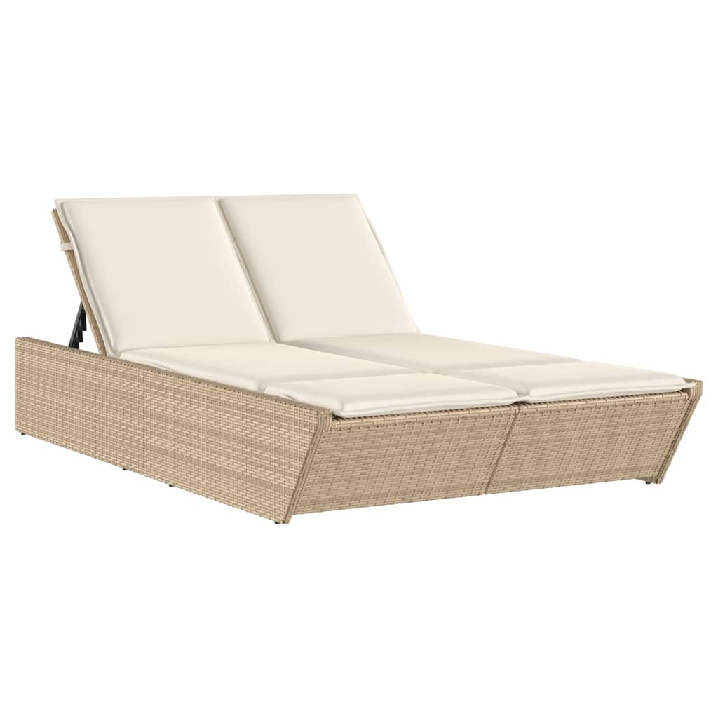 Double Sun Lounger with Cushions Beige Poly Rattan