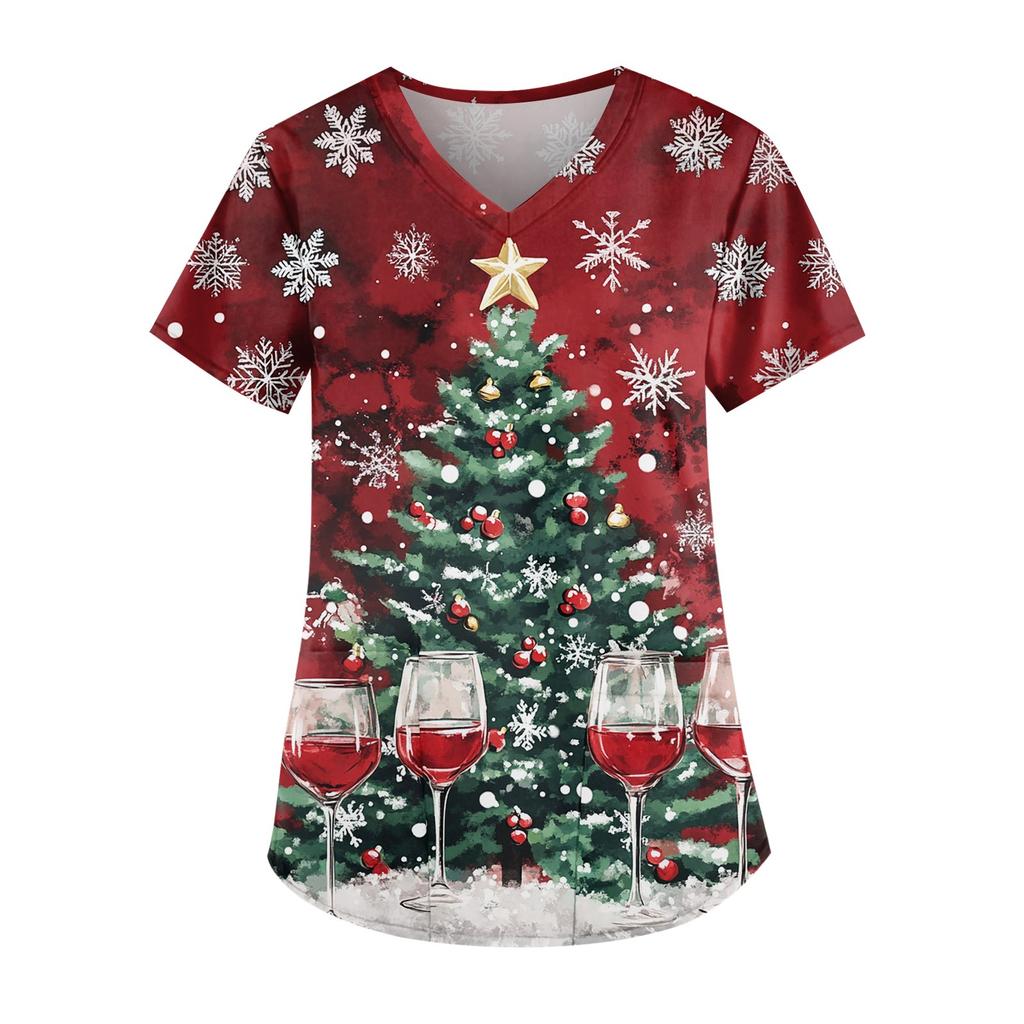 Женская мода V-образный вырез короткий рукав рабочая одежда с карманом рождественский принт топ