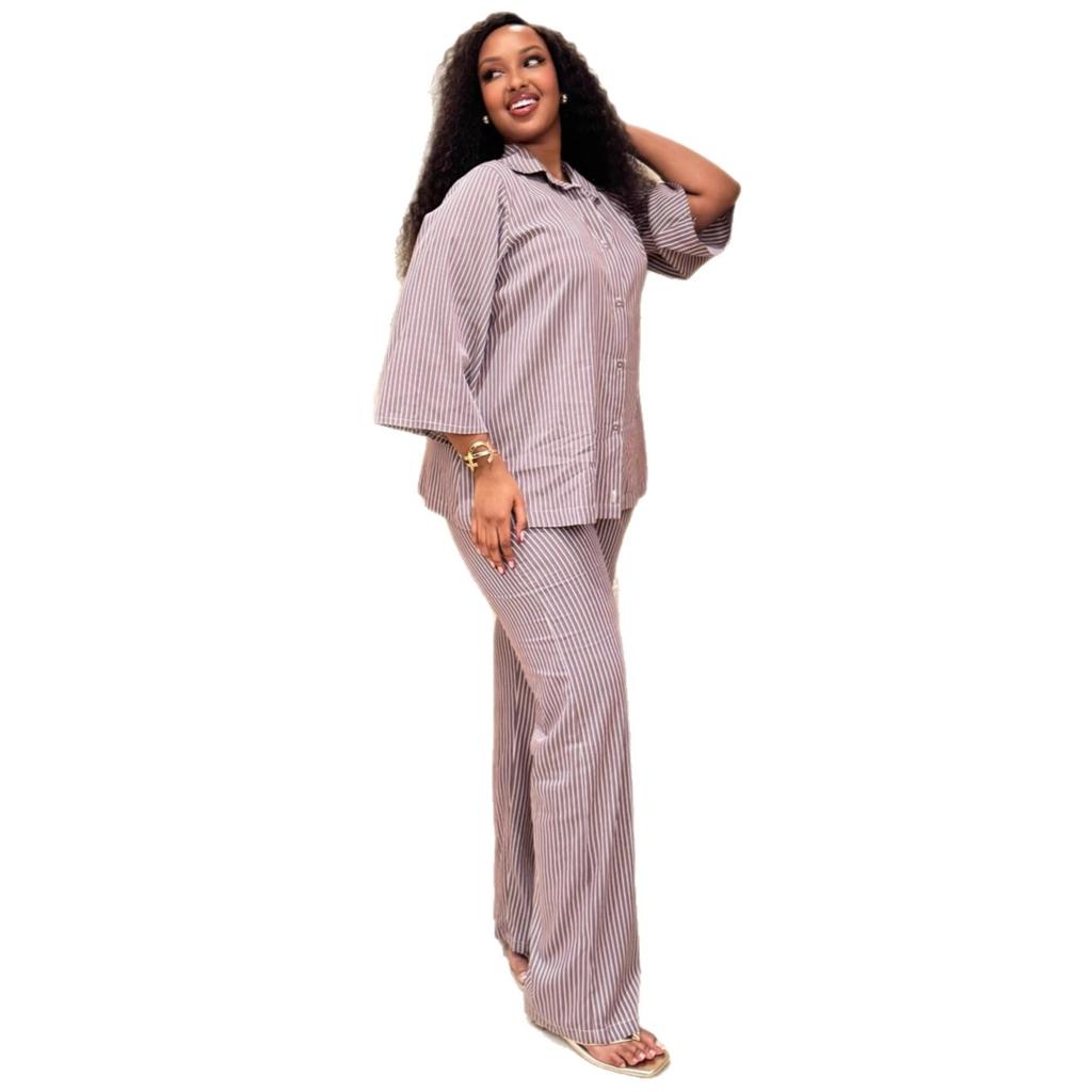 European and American large-size casual women's clothing lapel-neck striped cardigan shirt wide-leg trousers women's African foreign style new two