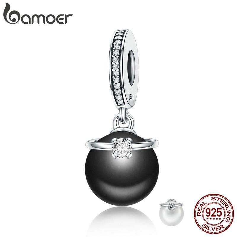 BAMOER 100% 925 Sterling Silver 2 Colors Elegant Imitation Pearl & Clear CZ Pendant Fit Bracelet
