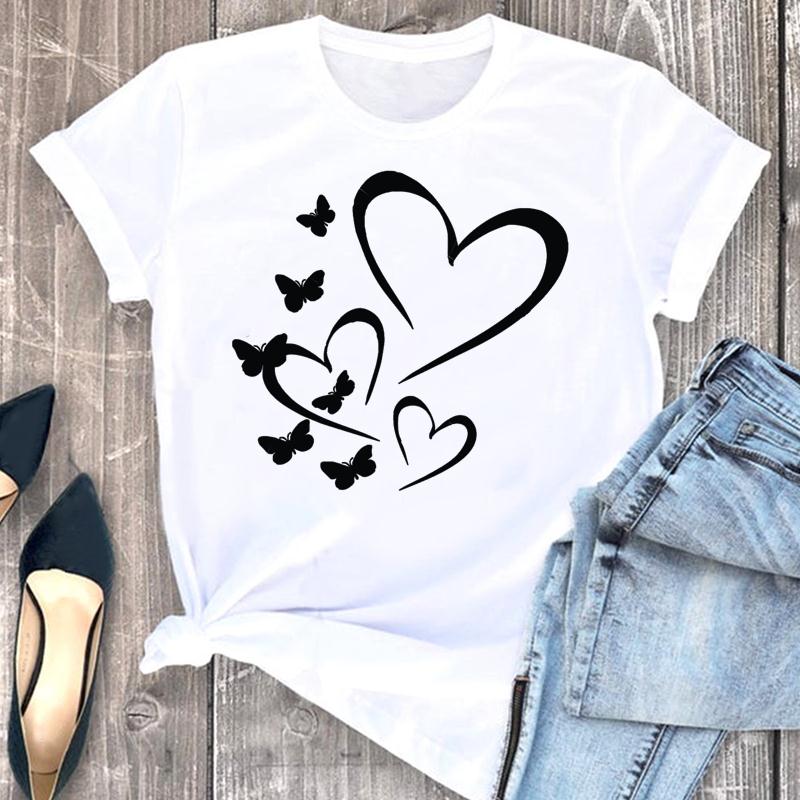 Женская футболка с принтом, летняя модная футболка с надписью Love Heart Butterfly, милая трендовая женская футболка, футболка с коротким рукавом и графикой