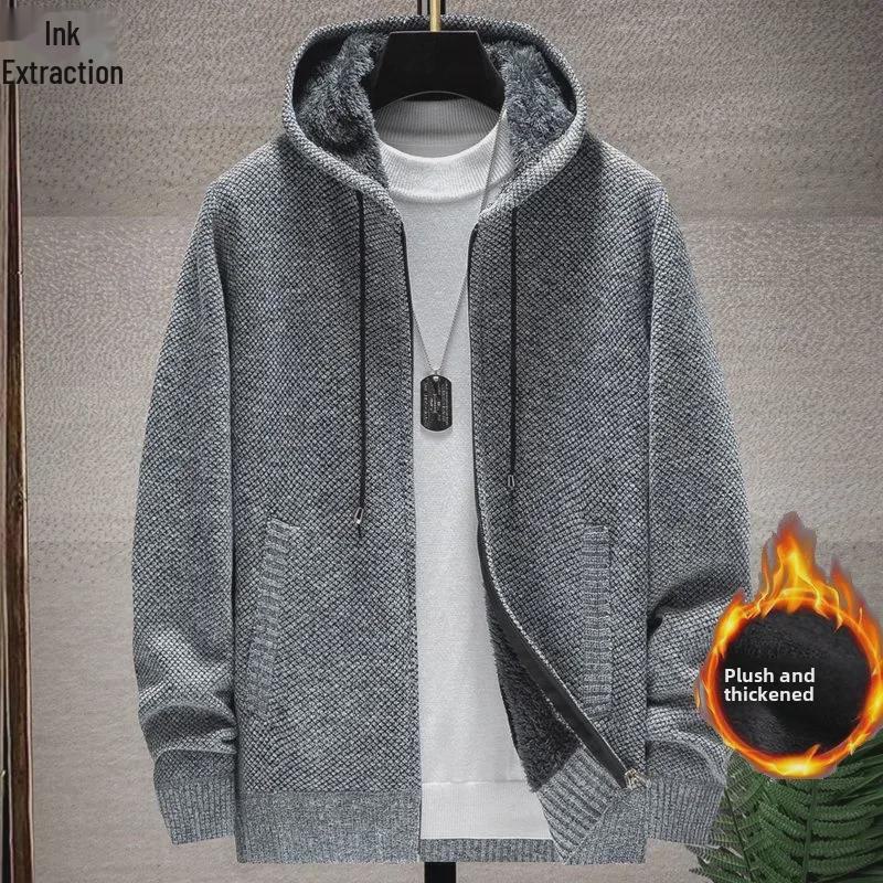 Мужской толстый плюшевый свитер-кардиган с капюшоном и воротником-стойкой на осень/зиму
