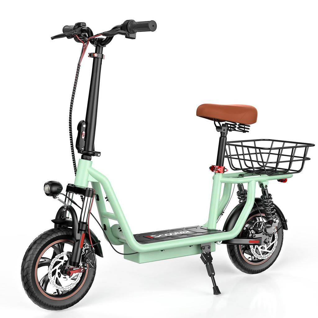 iScooter I12 Folding Electric Scooter 36V7.5Ah Battery, 500W Motor, Seat, Rear Basket, Disc Brakes, 12" Tires Green Foldable City Scooter