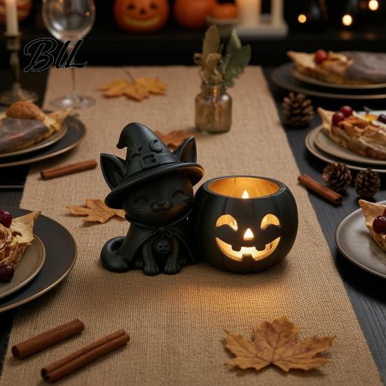 Creative Gift for Friends Halloween Black Cat Pumpkin Candlestick, 3D Printed Witch Candle Hollow Light Holder with Tealight Cup, Spooky Tabletop