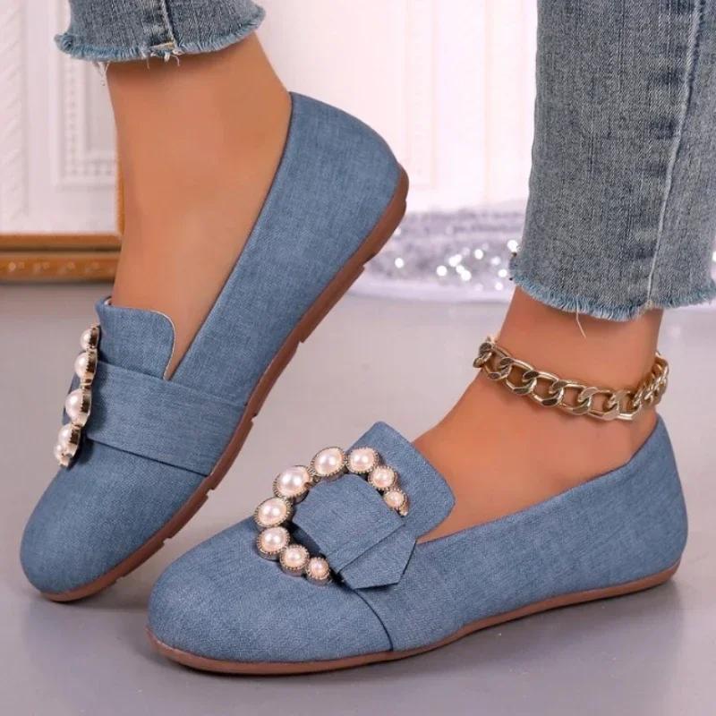 2024 Fashion Shoes for Women Slip On Women's Flats Spring Round Toe Solid Denim Bead Decoration Shallow Mouth Commuting Flats