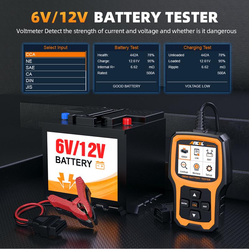 ANCEL AD410 PRO 6V/12V Car Battery Tester OBD2 Code Reader Engine Scan Tool Battery Analyzer OBDII Scanner