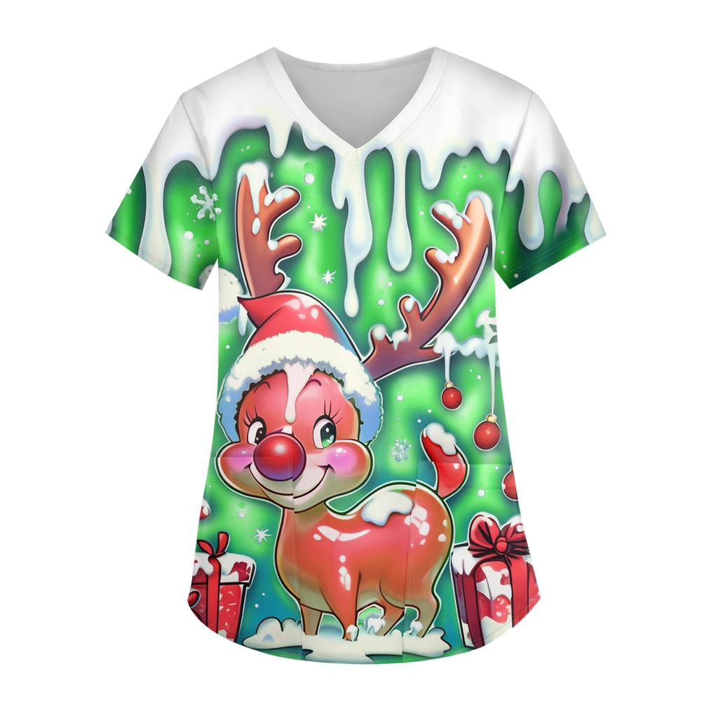 Ladies' Christmas Printed Fashionable V-neck Pocket Short Sleeved Uniform And Caregiver Top