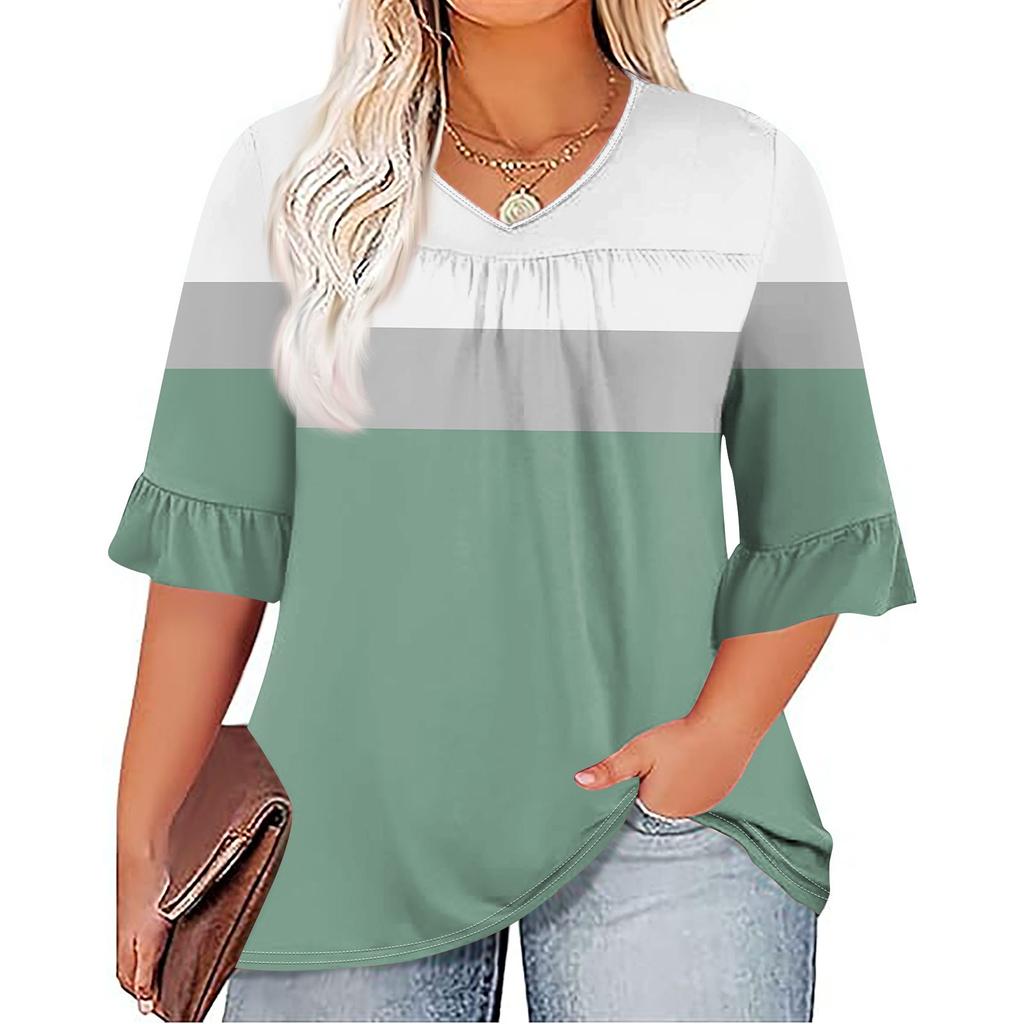 Женская мода, повседневная плиссированная футболка с v-образным вырезом и принтом, семиминутная футболка с рюшами и рукавами, топы больших размеров