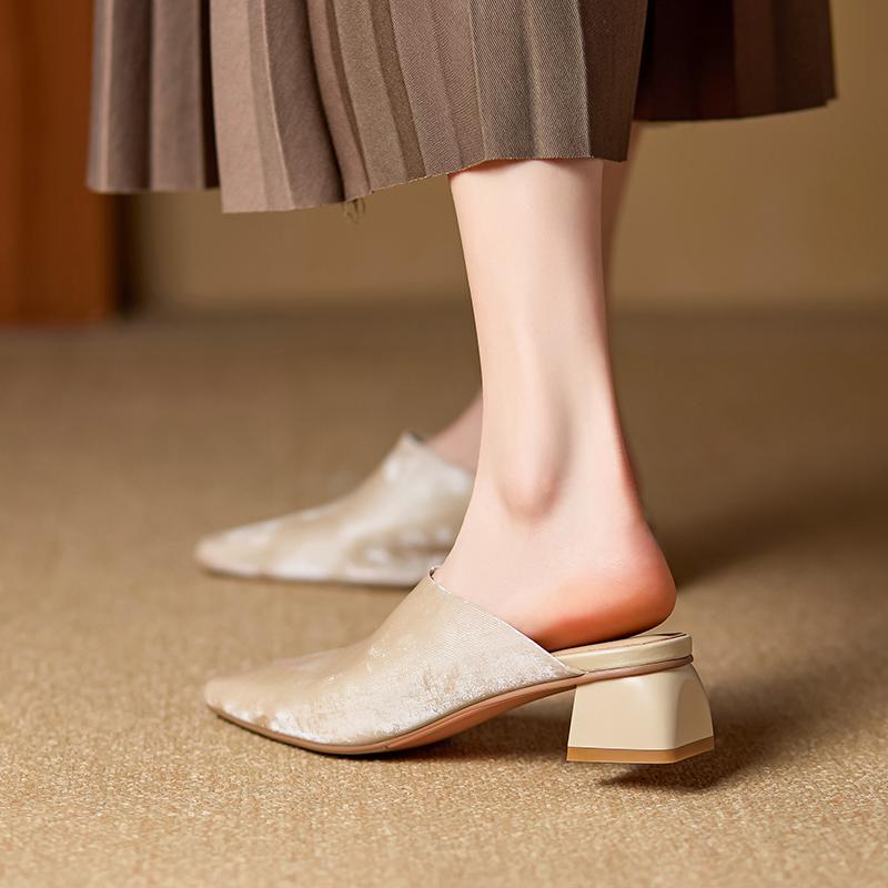 Мода 2025 Лето Женская обувь Натуральная кожа Квадратный носок Женские сандалии Однотонные Современные сандалии для женщин Фигурный каблук Женские мюли