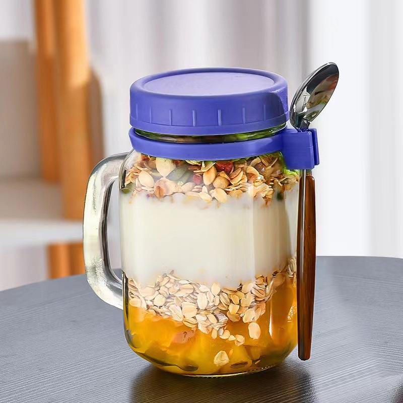 Portable Overnight Oat Glass Cup Water Mug With Spoon Breakfast Salad Can Yogurt Tumbler Heat Resistant Juice Milk Cup