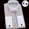 Men'S French Cufflink Shirt With Slim Fit And Contrasting Color Collar, Windsor Collar, Striped Formal Long Sleeved Shir