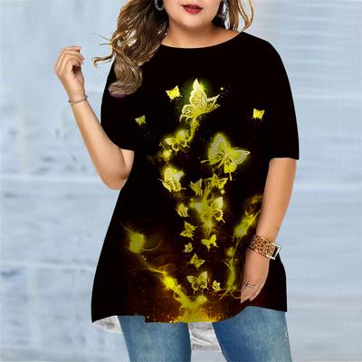 Женская летняя блестящая бабочка с принтом больших размеров, удобная футболка с короткими рукавами и круглым вырезом, повседневная мешковатая футболка средней длины