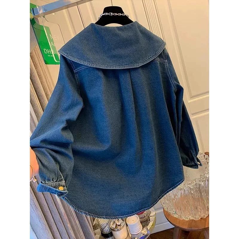 Рубашка джинсовая с воротником-стойкой в стиле колледжа в стиле ретро для женщин на весну и осень, небольшого роста, высококачественный и красивый топ