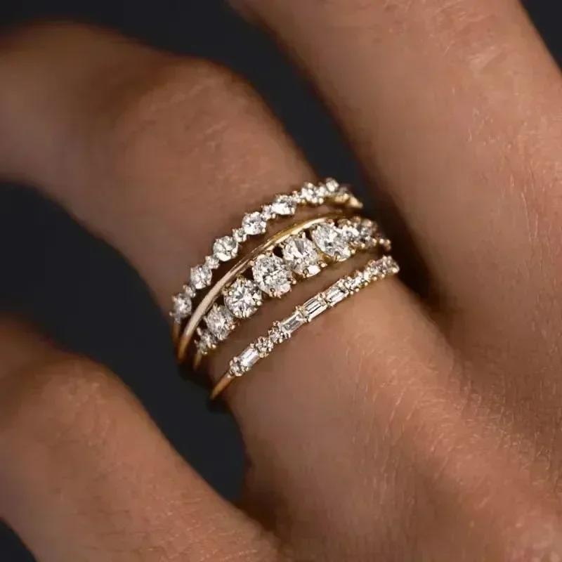 New sweet romantic accessories, gold-plated zircon four-piece women's ring, fashion set jewelry.