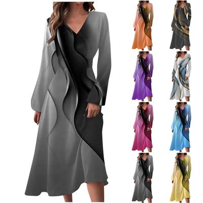 Женское осеннее и зимнее повседневное модное длинное платье с v-образным вырезом и длинными рукавами и принтом