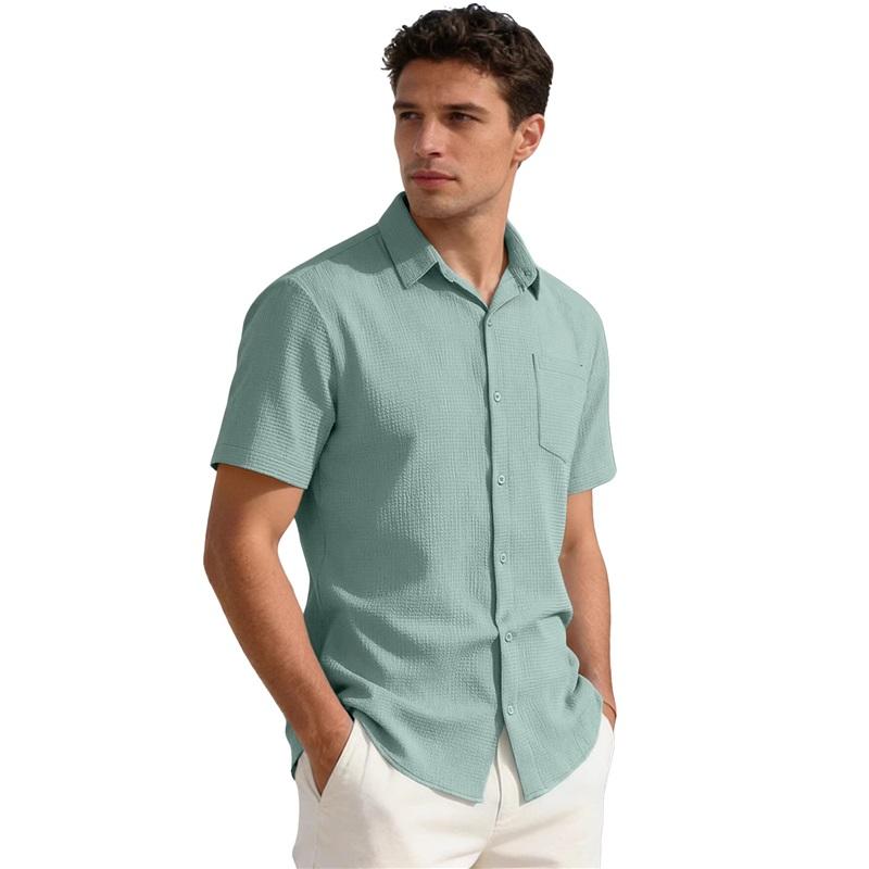 Men's Waffle Texture Short Sleeve Button Down Shirt Casual Pocketed Summer Top