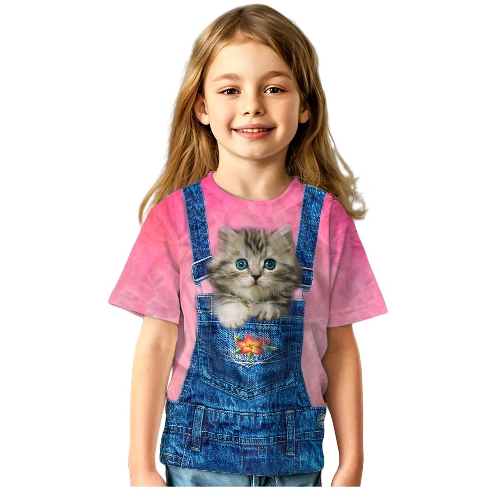 Детская футболка Одежда для девочек Животный 3D-принт Детский топ Летняя детская футболка Повседневная футболка с круглым вырезом Модная футболка Одежда для девочек-подростков