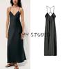 Summer New Product Women's Clothes Minimalist Style V Neck Sleeveless Silk Satin Textured Sling Midi Skirt Dress 8034331