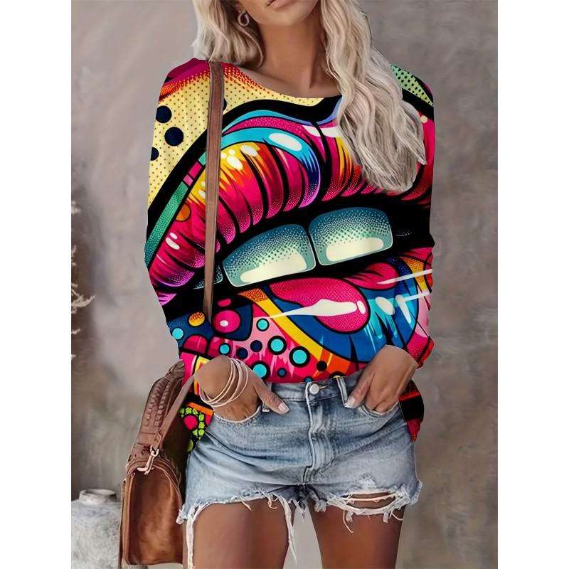 Abstract Tie-Dye 3D Digital Print Loose Fit Womens Crew Neck Long Sleeve T-Shirt Casual Comfort Top