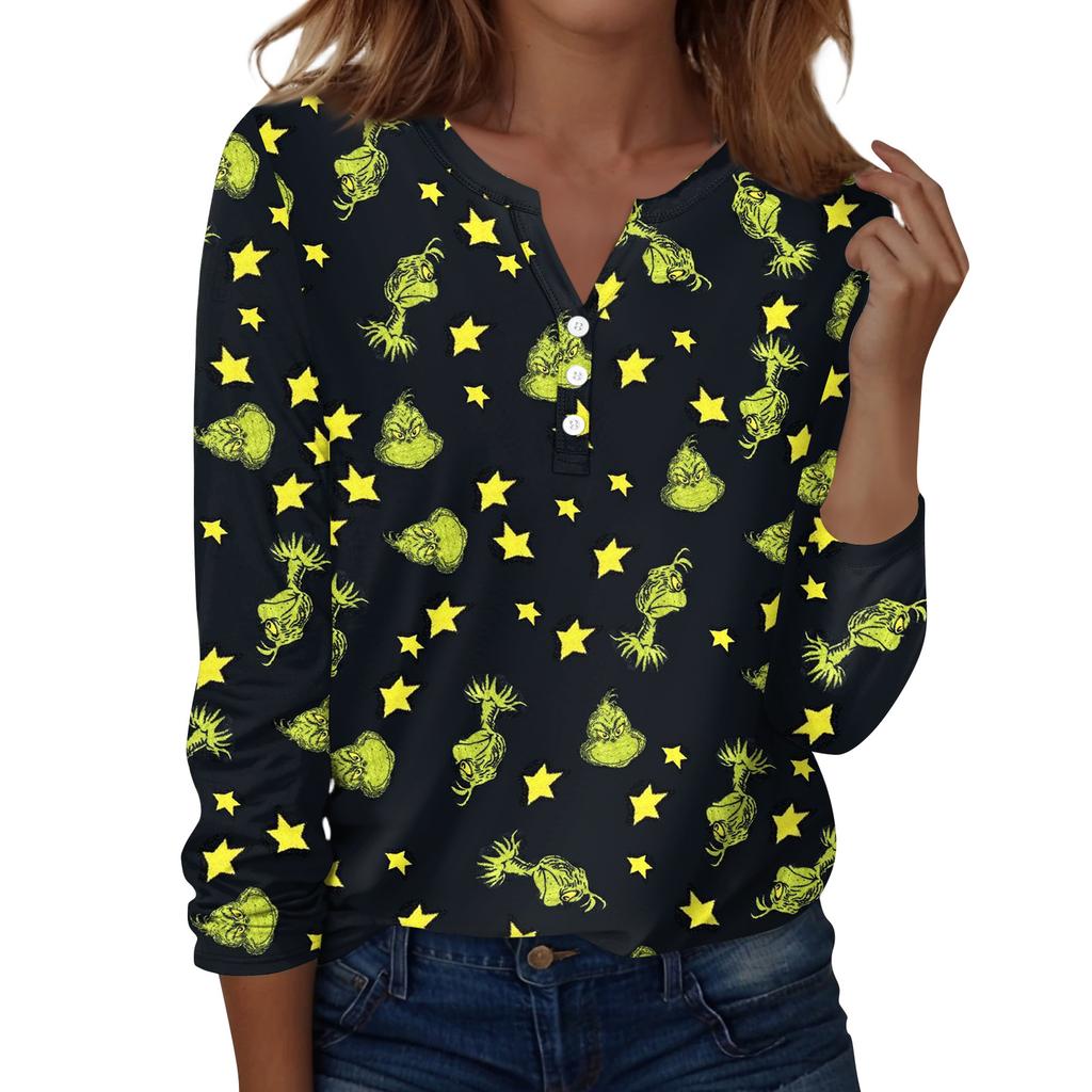 Women's Fashion Casual V-Neck Long Sleeve Decorative Button Christmas Print Top