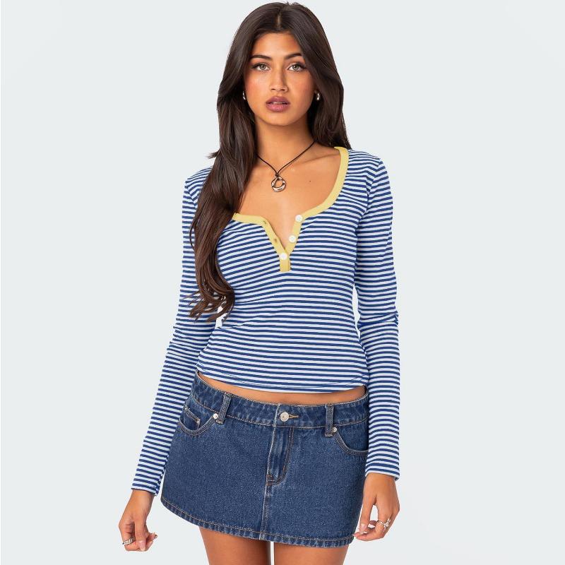 Women S Striped Color Block Knit T Shirt Slim Fit V Neck Long Sleeve
