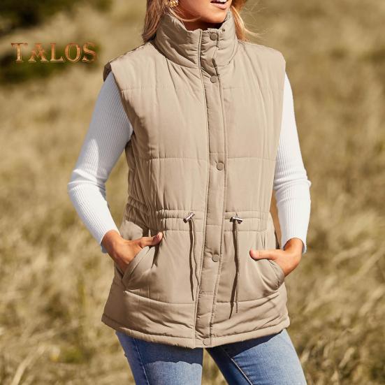 Winter Women Vest Coat Thickened Padded Button Closure Stand Up Collar Sleeveless Solid Color Drawstring Tight Waist Windproof Heat Retention Outdoor
