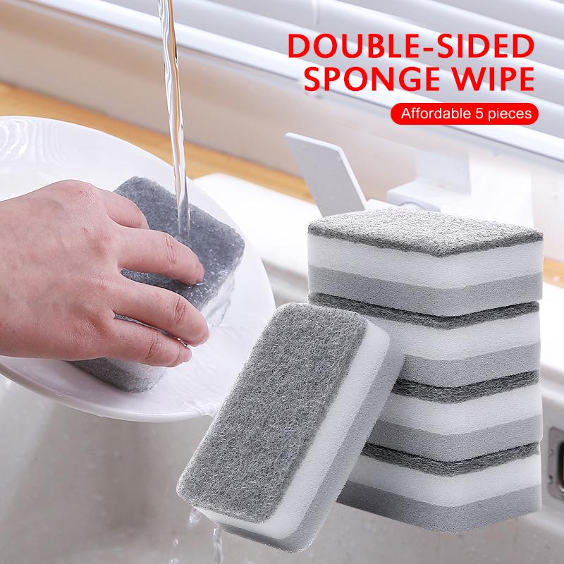 5pcs Strong Decontamination Cleaning Sponge Brush Scouring Pad Dishwashing Brush Pot Sponge Kitchen Rag