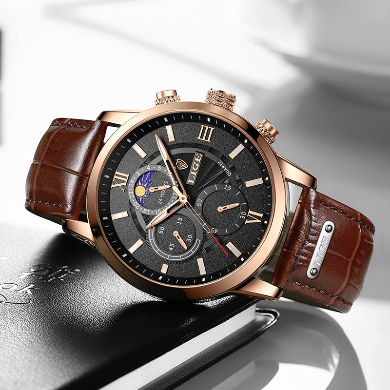 LIGE mens wristwatch Waterproof Luminous Moon phases military watches men Quartz Leather male watch Date sports watches for men
