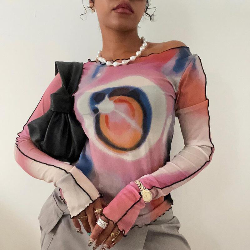 Сексуальные женские сетчатые футболки, прозрачная футболка с буквенным принтом и круглым вырезом, прозрачная футболка с длинными рукавами, женские топы